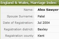 Extract from the marriage register for Alex Sawyer