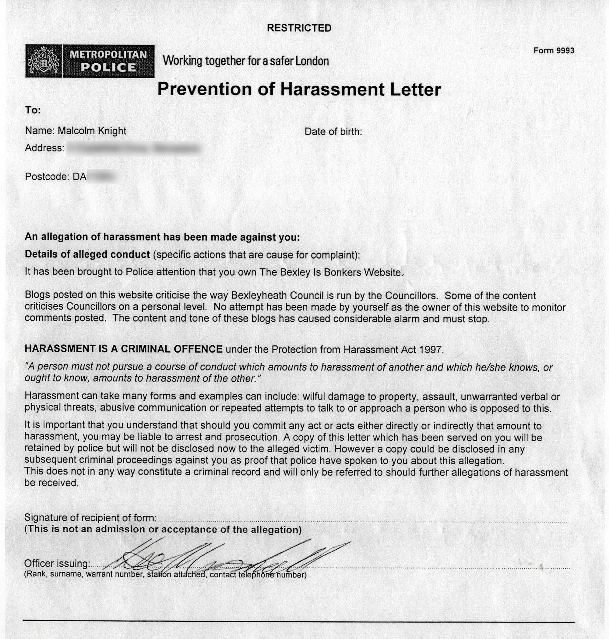 Letter alleging harassment
