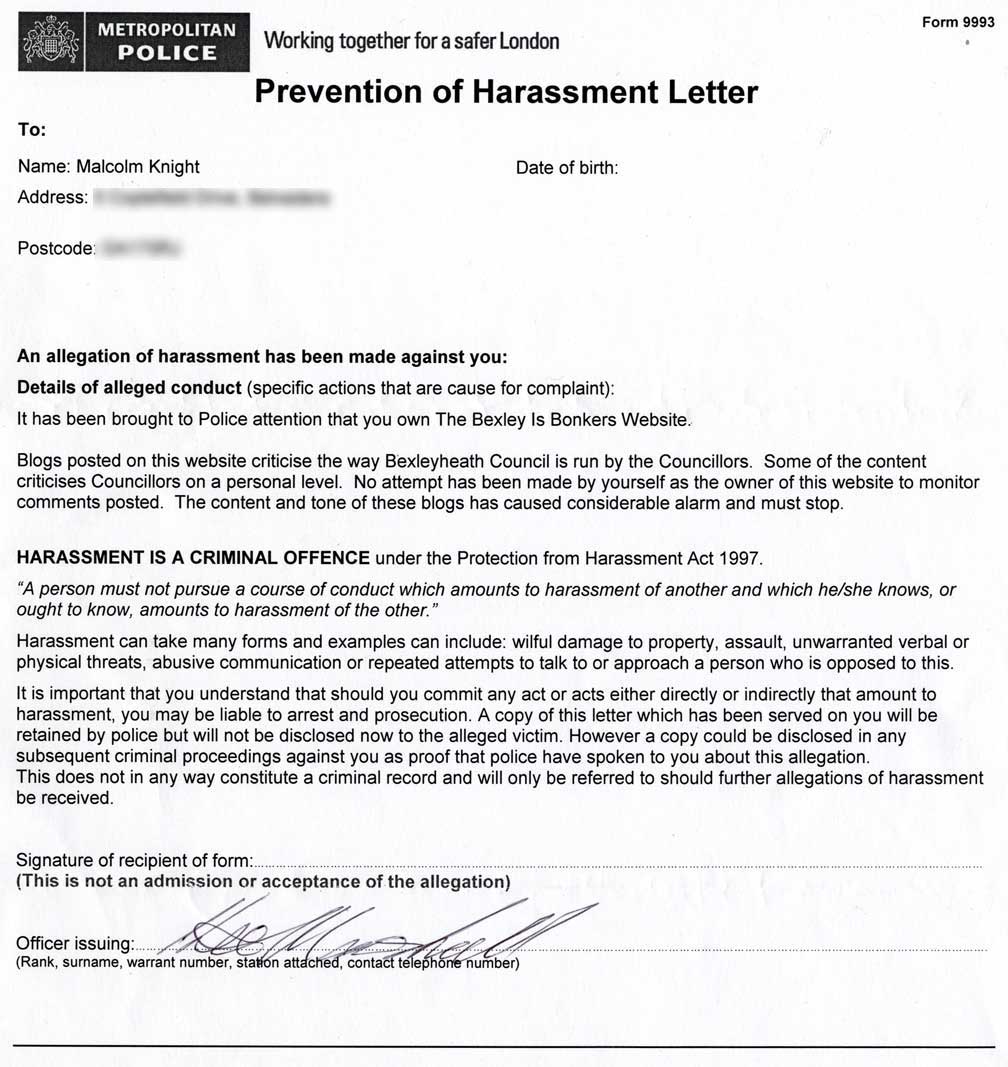 Harassment letter